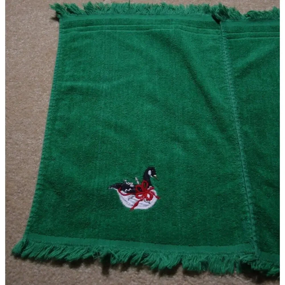 Hand Towel Lot (2) Christmas Green Goose Fringe R.A. Briggs Vintage